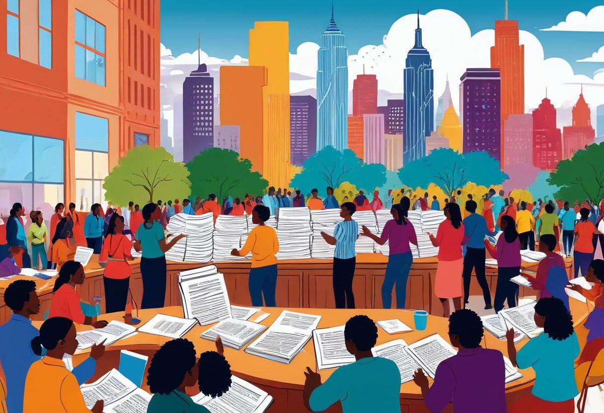 An illustration of diverse community members collaborating in a vibrant open space, with legal books and documents in one corner and banners of social justice hanging. The backdrop features a city skyline symbolizing hope and progress. Highlight the themes of empowerment and advocacy through expressive body language and colorful clothing. Include a warm, uplifting color palette to evoke a sense of unity and purpose. digital art. vibrant colors. optimistic style.
