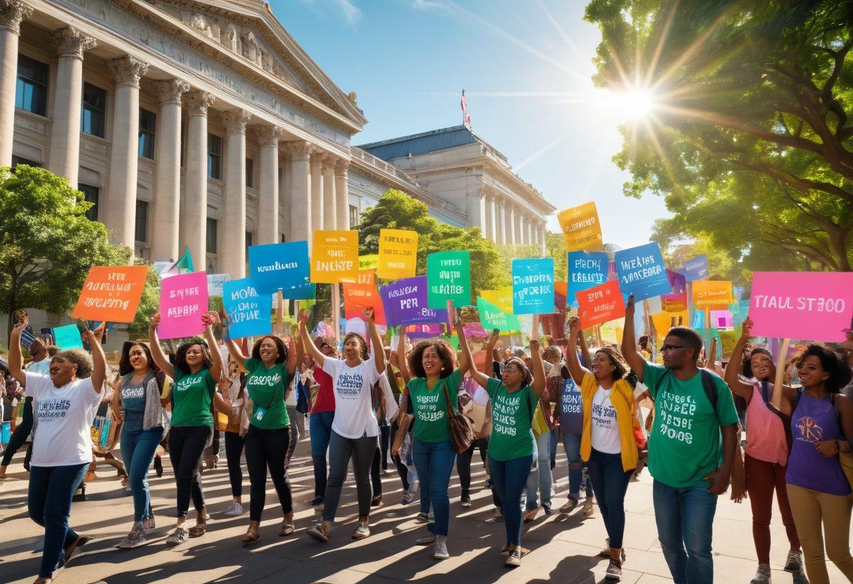 A diverse group of passionate advocates standing together in front of a government building, holding colorful signs that promote social justice. The scene captures unity, hope, and determination, with vibrant city life in the background. Sunlight filters through the trees, symbolizing growth and positive change. The atmosphere is energetic and inspiring. super-realistic. vibrant colors. 3D.