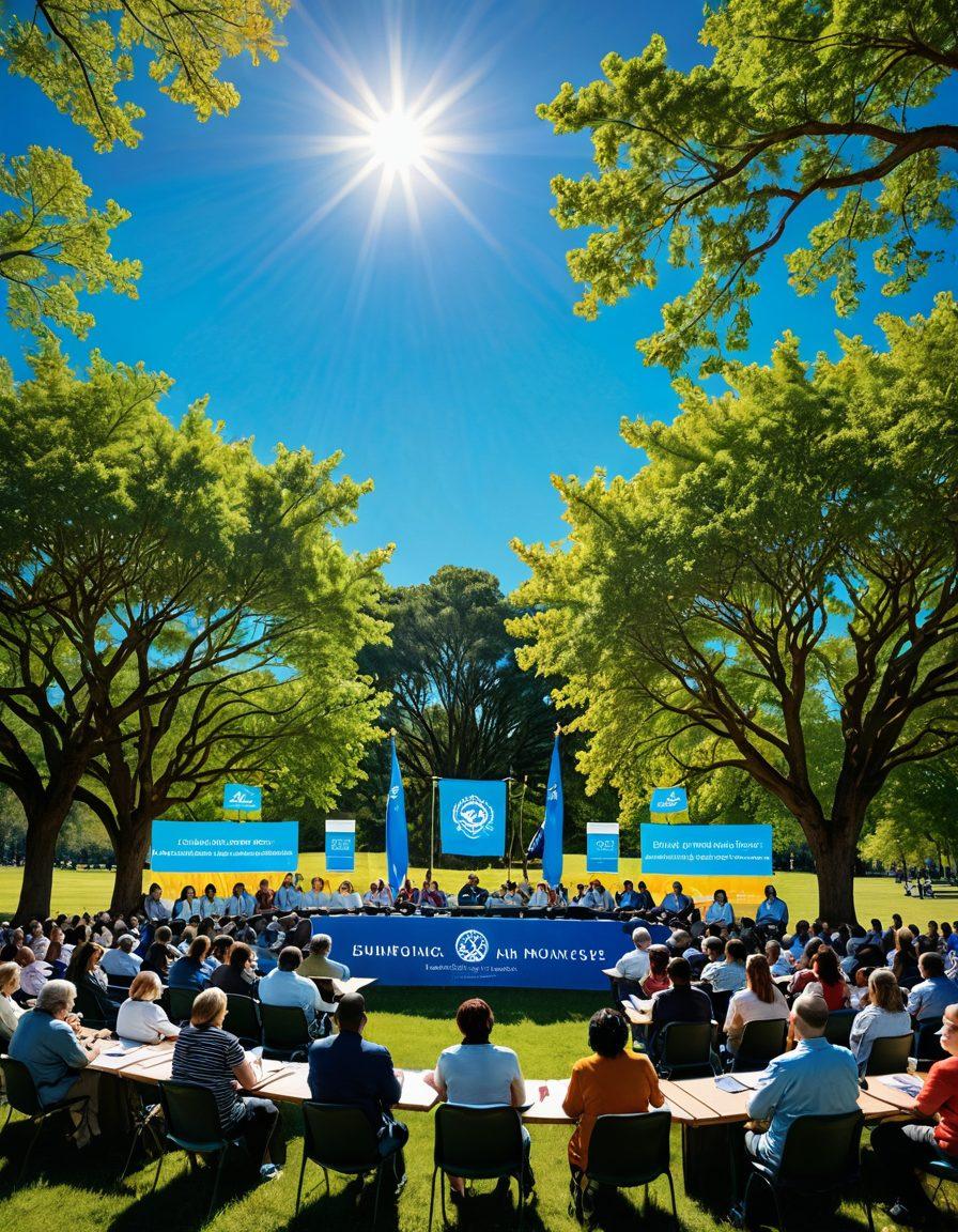 An inspiring landscape showcasing a diverse group of people engaging in a lively community meeting under a vibrant blue sky, surrounded by banners representing various nonprofits. Include symbolic elements like a gavel and scales of justice to emphasize legislative processes, while highlighting unity and collaboration. The scene should radiate hope and activism, with green trees and a bright sun in the background. super-realistic. vibrant colors. 3D.
